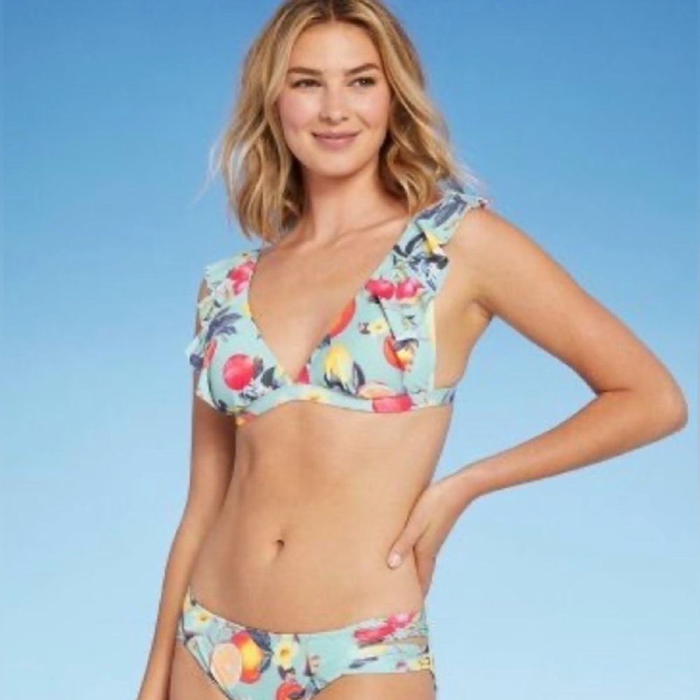 KONA SOL LIGHT GREEN FLORAL PRINT BIKINI SET SZ S TOP SZ M BOTTOM